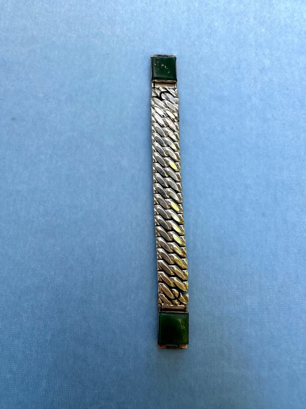 Vintage Sterling Silver Genuine Jade Expansion Watch Band Stretch Bracelet Strap